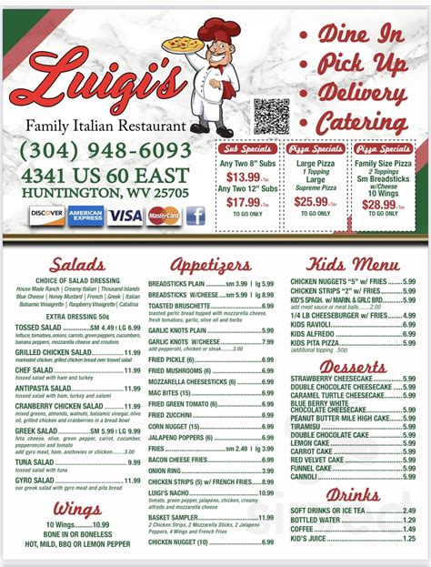 Luigi's, located at 4341 US-60 suite 105, Huntington, West Virginia, 25705, offers a variety of service options to cater to your needs. Whether you're looking for convenience, a casual meal, or a dining experience, Luigi's …. 