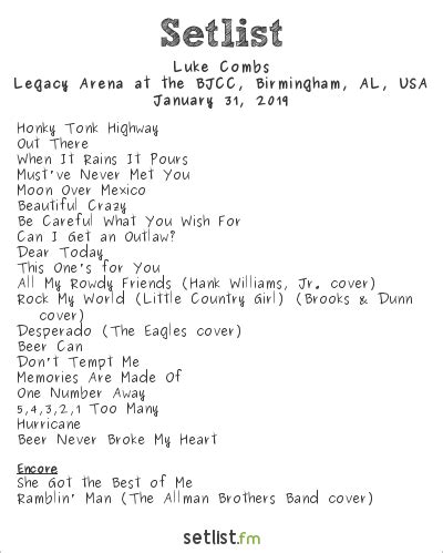 Luke combs concert setlist. Luke Combs Teased Fans With Concert Setlist. Author Nancy Brooks // Country Writer, Beasley Media Group. April 3rd 12:44 PM. Luke Combs teased fans on his social media with his upcoming concert setlist in a video clip message from tour rehearsals to his fans on Instagram. Luke’s 2024 stadium tour kicks off in Milwaukee, Wisconsin, on April 12. 