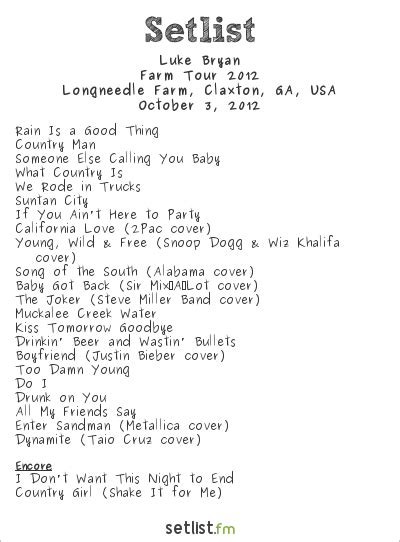 Get the Luke Bryan Setlist of the concert at USANA Amphitheatre, West Valley City, UT, USA on August 31, 2023 from the Country On Tour and other Luke Bryan Setlists for free on setlist.fm!