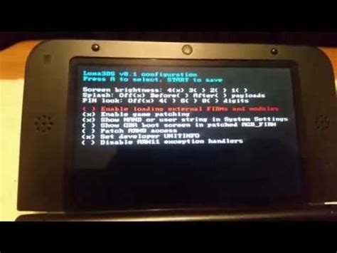 Luma3ds configuration. Luma3DS configuration/options: Screen brightness: 4(X) Splash: Off(X) ... replace old Luma3DS files for updated Luma3DS files on the root of my SD Card. 