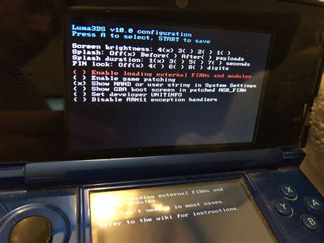 KunoichiZ said: Replace your current arm9loaderhax.bin with the one from 7.0.4, choose the settings that 3ds.guide tells you to choose, then continue on with the guide. Holding the start button does nothing when booting v7.04, but when pressing select the configuration menu shows up.. 