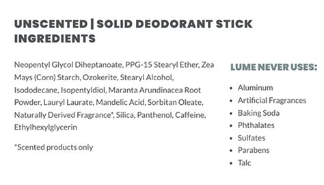 See All Ingredients LUME NEVER USES: Aluminum, Artificial Fragrances, Baking Soda, Phthalates, Sulfates, Parabens, Talc ... For nearly 10 years, she worked to find a solution for ALL body odor. Lume Deodorant for Underarms & Private Parts truly is the first whole-body deodorant, and it's safe to use ANYWHERE you have odor and wish you didn't .... 
