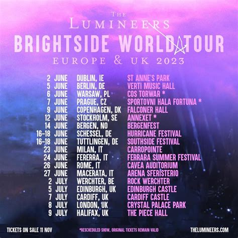 Mar 2, 2023 · Today, The Lumineers have announced an encore run of dates after last year’s massive BRIGHTSIDE World Tour. The shows, produced by Live Nation, will begin August 16 th at Maine Savings Amphitheater in Bangor, ME and end at the historic Hollywood Bowl in Los Angeles, CA on September 15 th.. 