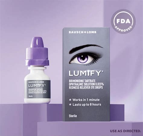 Lumity eye drops. Generic Name: brimonidine Brimonidine is used to relieve redness in the eyes caused by minor eye irritations (such as smog, swimming, dust, or smoke). Images How to use Lumify Drops Read and... 