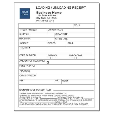 Lumper Receipt Loading Or Unloading Receipt Designsnprint
