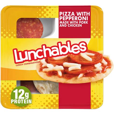 Lunchables pizza. Makes 3 pizzas, Capri Sun fruit punch flavored juice drink blend from concentrate, pizza crust, pizza sauce, pepperoni made with pork and chicken - BHA, BHT and ... 