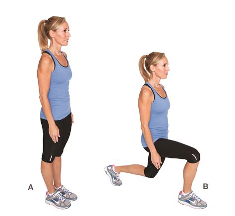 Lunge exercise. Lunges Instructions. 1. Stand with your feet hip-width apart, keep your back straight, your shoulders back, and your abs tight. 2. Take a step forward and slowly bend both knees, until your back knee is just above the floor. 3. Stand back up and repeat the movement. 4. Alternate legs until the set is complete. 