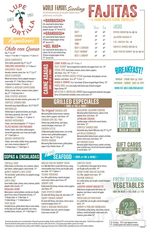 Lupe tortillas menu. Browse the menu of Lupe Tortilla, a Tex-Mex restaurant chain that offers a variety of tortillas, sopas, ensaladas, salads, tacos, enchiladas, burritos and more. Find your favorite dishes or try something new, from tortilla soup to seafood, from chicken fajita to … 