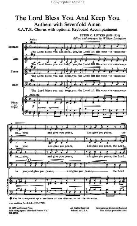 Lutkin the lord bless you and keep you. SATB choir (a cappella) Composed by Peter C. Lutkin (1858-1931). Arranged by Lloyd Larson. Choral. Sacred Anthem, Benediction, Eastertide, General. Octavo. Lorenz Publishing Company #10/4611L. 