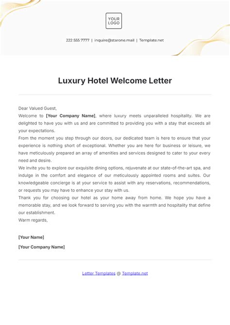 Luxury hotel welcome letter.  Format, examples & customizable sampl...