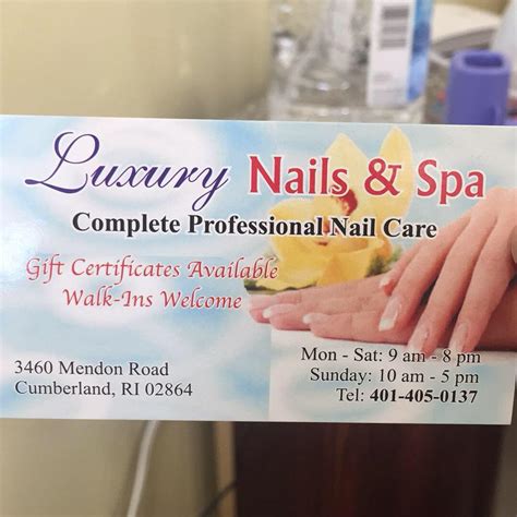 Luxury nails and spa cumberland ri. 62 reviews of Vip Nails and Spa "Amazing service and great facility! A friend and I came here for pedicures and we both had awesome service by our technicians. The business has only been opened for one month so all of their furnishings are new. ... 2 Mendon Rd Cumberland, RI 02864. You Might Also Consider. Sponsored. Age Perfectly. 26 