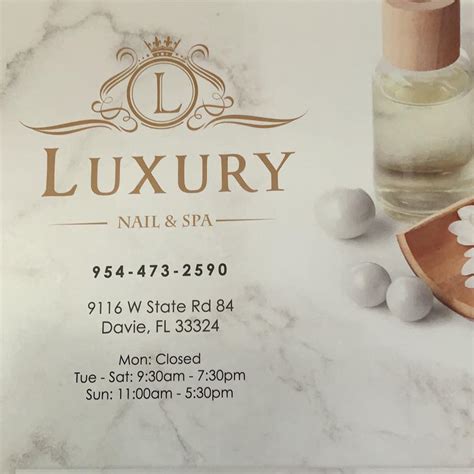 Luxury nails davie. Wednesday:10:00 am - 6:00 pm. Thursday:10:00 am - 6:00 pm. Friday:10:00 am - 6:00 pm. Saturday:10:00 am - 6:00 pm. Sunday:Closed. Luxury Nails is proud to be one of the best nail salon, located conveniently in Martinsville, VA 24112. With elegant decoration and a cozy atmosphere, our nail salon will create an ideal space for you to enjoy the ... 