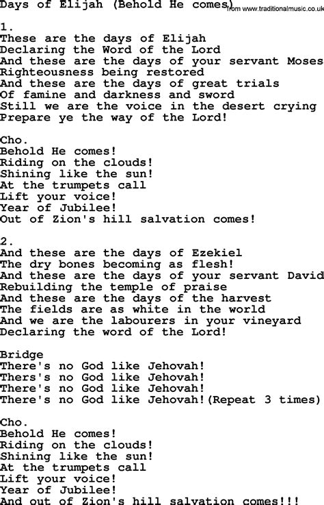 Lyrics for days of elijah. Things To Know About Lyrics for days of elijah. 