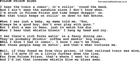 Lyrics for folsom prison blues. Folsom Prison Blues Lyrics by Johnny Cash from the Johnny Cash with His Hot and Blue Guitar [Charly] album- including song video, artist biography, translations and more: I hear the train a comin' It's rollin' 'round the bend, And I ain't seen the sunshine Since, I don't know when I'm stuc… 
