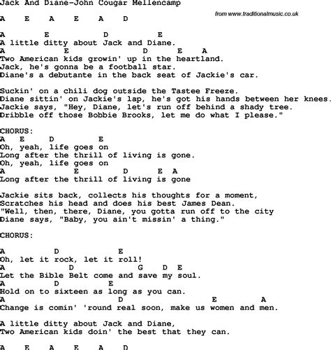 Lyrics for jack and diane. Did “Jack & Diane” have a “Fast Car?”. Not Yet Rated. 9 years ago. TracyJ. Here's what happened when John Mellencamp found out Tracy Chapman's guitar riff in the song "Fast Car" was very similar to HIS guitar riff in "Jack & Diane"... 