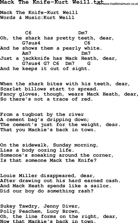 Lyrics for mack the knife. Mack the Knife Lyrics by Bobby Darin from the Mack the Knife [Atco] album- including song video, artist biography, translations and more: Oh, the shark, babe, has such teeth, dear And it shows them pearly white Just a jackknife has old MacHeath, babe And… 