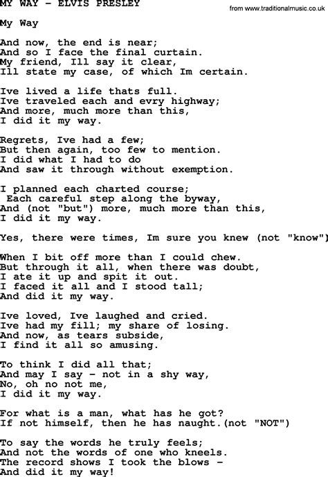 Lyrics for my way. Download sheet music for My Way (from album My Way) by Frank Sinatra. Arrangement: Notes, lyrics and chords for vocal with accompaniment. 