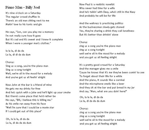 Lyrics for the piano man. Things To Know About Lyrics for the piano man. 