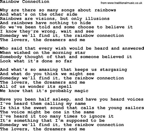 Lyrics for the rainbow connection. Things To Know About Lyrics for the rainbow connection. 