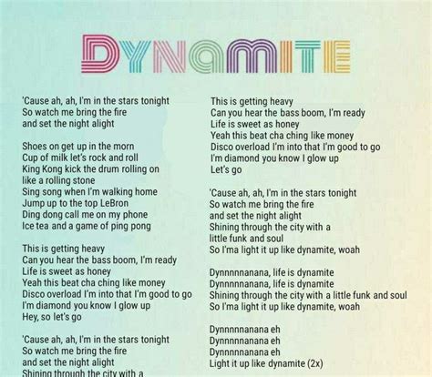 Lyrics of dynamite. Things To Know About Lyrics of dynamite. 