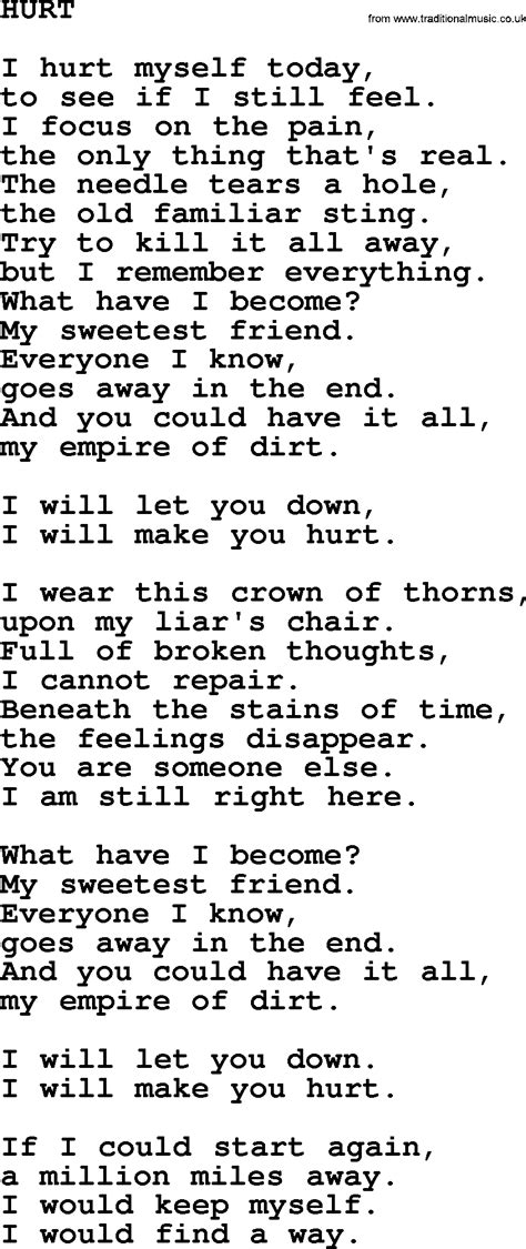 Lyrics of hurt by johnny cash. Things To Know About Lyrics of hurt by johnny cash. 
