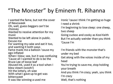 Lyrics the monster. Things To Know About Lyrics the monster. 