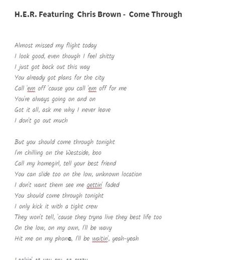 Come Through Lyrics by Chris Brown- including song video, artist biography, translations and more: Almost missed my flight today I look good even though I feel shitty I just got back out this way You already got plans …. Lyrics to come through