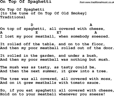 Lyrics to on top of spaghetti. Things To Know About Lyrics to on top of spaghetti. 