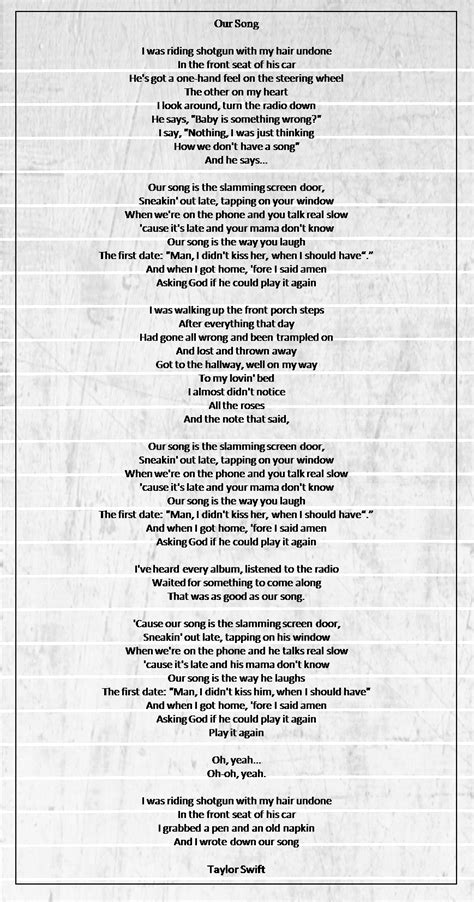 Lyrics to our song. Things To Know About Lyrics to our song. 