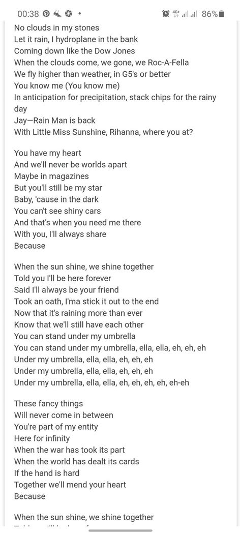 Lyrics to umbrella rihanna. Rihanna - Umbrella (Lyrics) ft. JAY-Z. Lightning Lyrics. 1.36K subscribers. Subscribe. Subscribed. 37. Share. 5.4K views 6 months ago #rihanna #jayz #lyrics. … 
