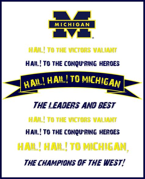 Lyrics to university of michigan fight song. The Victors-The University of Michigan Marching Band [Verse 1] G Hail! to the victors valiant C Hail! to the conqu'ring heroes D Em G Hail! Hail! to Michigan Bm Am G D the leaders and best [Verse 2] G Hail! to the victors valiant C Hail! to the conqu'ring heroes D Em G Hail! Hail! to Michigan, Bm D G the champions of the West! Capo on 1st … 