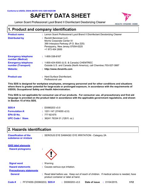 Lysol disinfectant spray safety data sheet. Lysol Dual Action Disinfecting Wipes - All Scents Disinfectant. SAFETY DATA SHEET Product name Distributed by Product use 1.Product and company identification::: SDS # : D0289451 v7.0 EPA ID No. 777-114 Formulation #: : Citrus (0356376 v1.0 & 0241648 v3.0) Crisp Linen (0356378 v1.0 & 0247626 v3.0) 