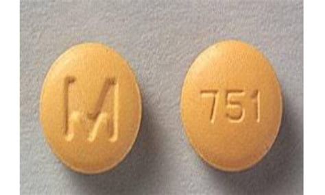 M 751 orange pill. Enter the imprint code that appears on the pill. Example: L484; Select the the pill color (optional). Select the shape (optional). Alternatively, search by drug name or NDC code using the fields above. Tip: Search for the imprint first, then refine by color and/or shape if you have too many results. 