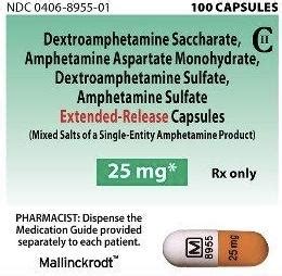 2 Pill CAPSULE Imprint M 8955 25 MG SpecGx LLC 24 HR Amphetamine aspartate 6.25 MG / Amphetamine Sulfate 6.25 MG / Dextroamphetamine saccharate 6.25 MG / Dextroamphetamine Sulfate 6.25 MG Extended Release Oral Capsule.