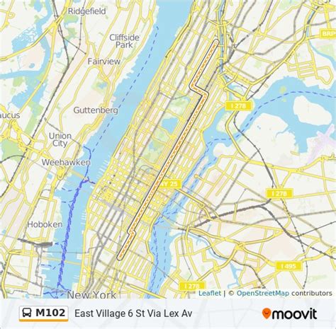 M102 bus time schedule. The M102 bus (East Village 6 St Via Lex Av) has 57 stops departing from W 146 St/Malcolm X Bl and ending at 3 Av/Astor Pl. Choose any of the M102 bus stops below to find updated real-time schedules and to see their route map. 