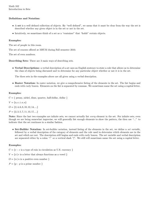 M102Sets Intro sets Math 102 Introduction to Sets Definitions and
