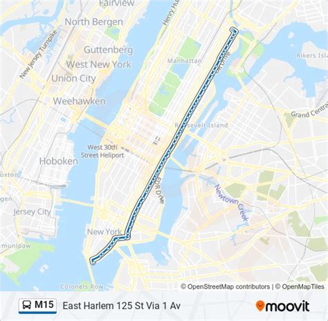 The first stop of the M15 bus route is E 126 St/2 Av and the last stop is Pike St/Cherry St. M15 (Pike St - Division St Via 2 Av) is operational during everyday. Additional information: M15 has 53 stops and the total trip duration for this route is approximately 84 minutes.. 