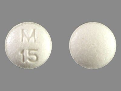 M15 white pill. This yellow elliptical / oval pill with imprint M 15 on it has been identified as: Meloxicam 15 mg. This medicine is known as meloxicam. It is available as a prescription only medicine and is commonly used for Fibromyalgia, Inflammatory Conditions, Juvenile Rheumatoid Arthritis, Osteoarthritis, Rheumatoid Arthritis, Tendonitis, Pain. 1 / 1. 