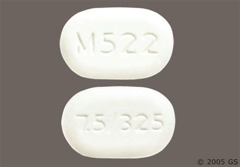 oval shaped ## Located a match to a white oval shaped pill with M522 on one side and 7.5/325 on the other side. This pill is Acetaminophen 325 mg and Oxycodone .... 