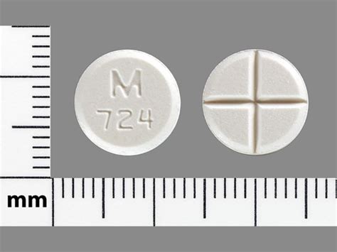 White R179 White M724 Pill. M724 is a round, white pill manufactured by Mylan Pharmaceuticals Inc. It is about 2mm across its surfaces with ‘M 724’ imprinted on one side. It is identified as Tizanidine 4 mg..