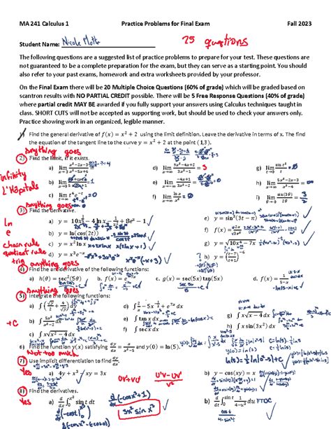 MA 241 Fall 2023 Final Exam Practice Problems with Answer Key MA 241