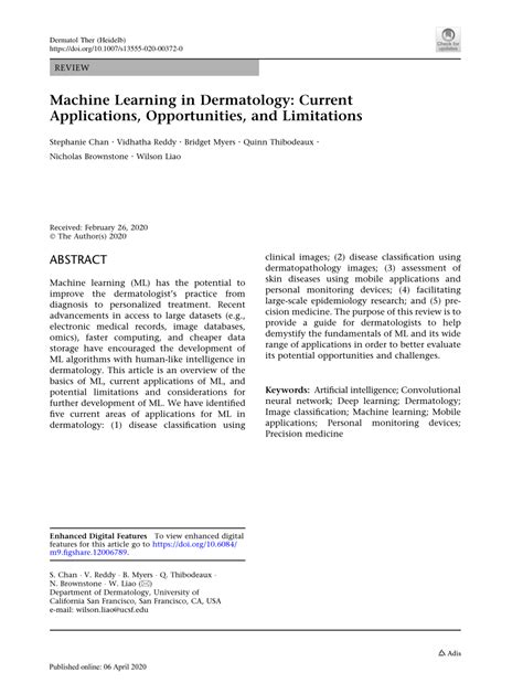 Machine Learning in Dermatology: Current Applications ... - Springer - coolestguyplanet.net