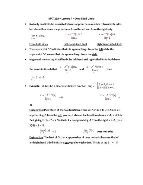 MAT 21A Lecture 4 OneSided Limits MAT 21A Lecture 4 Limits Not
