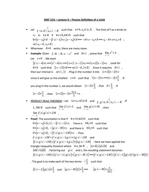 MAT 21A Lecture 4 Precise Definition of a Limit MAT 21A Lecture 4