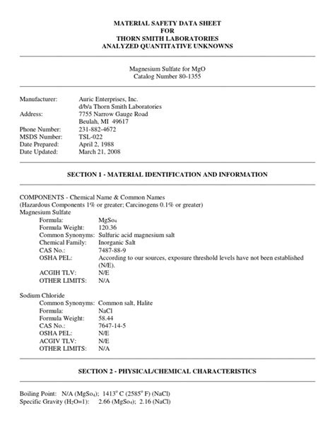 MATERIAL SAFETY DATA SHEET FOR THORN SMITH …