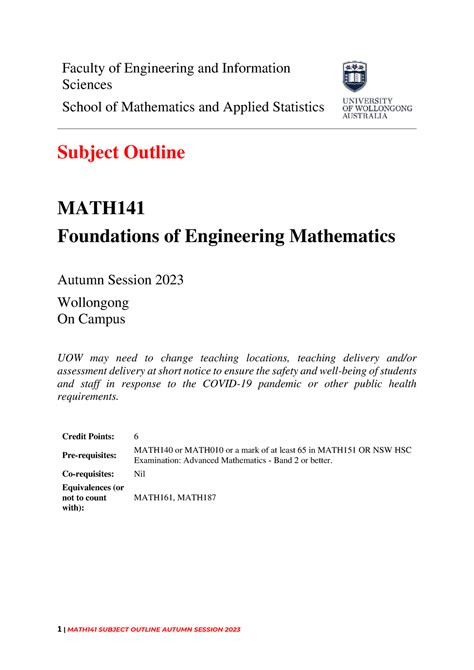 MATH141 Subject Outline Autumn 2024 - Studocu