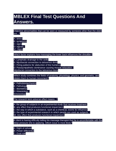 MBLEX Final Test Questions And Answers. Exams Health sciences Docsity