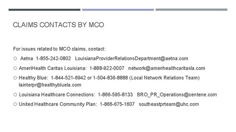 MCO Local Contacts for Contracting and Claims Issues La Dept.