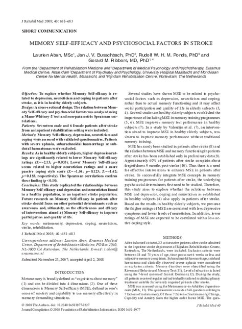 MEMORY SELF-EFFICACY AND PSYCHOSOCIAL FACTORS IN STROKE