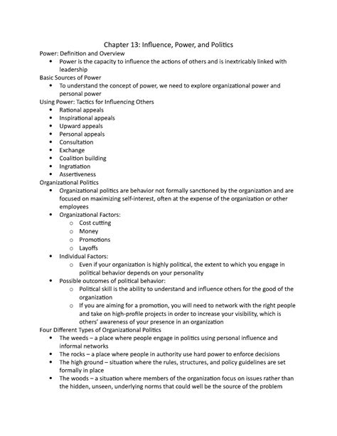 MGMT-261 Chapter 13 - Notes - Chapter 13: Influence, Power